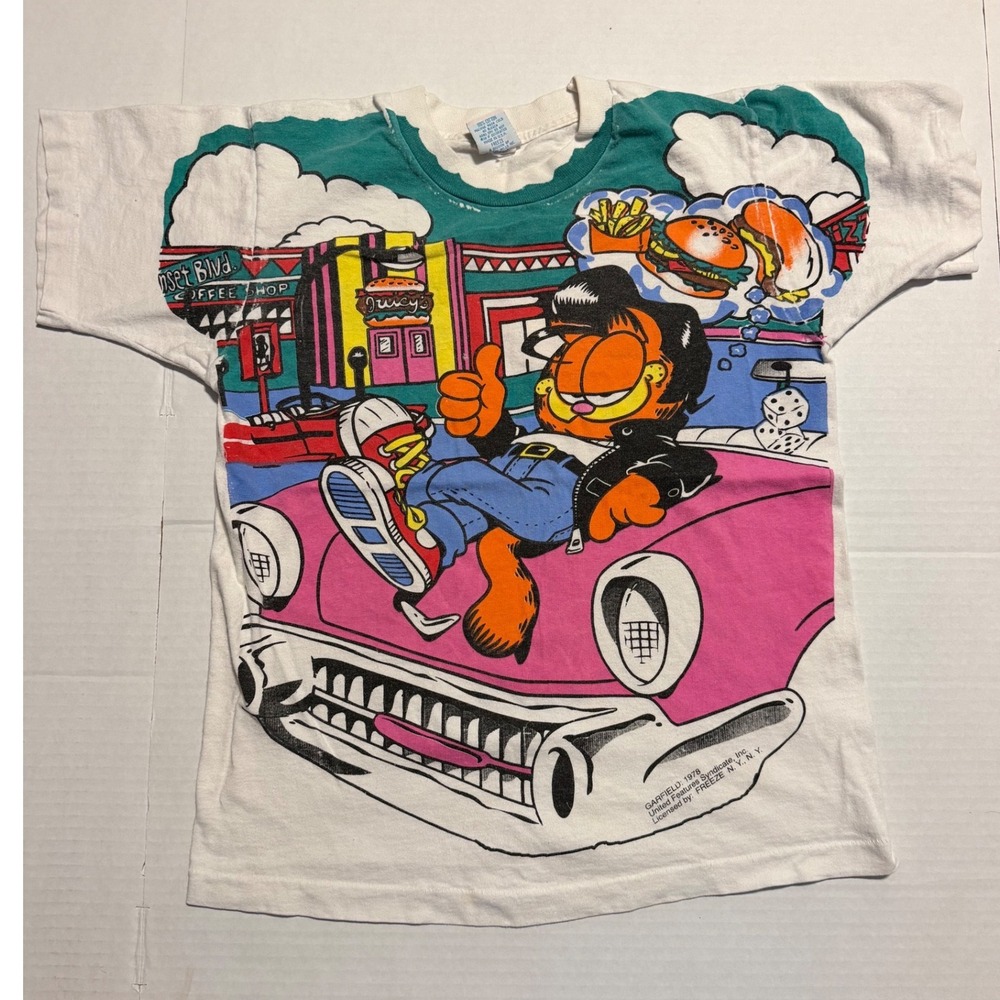 Vintage AOP Garfield Greaser Pink Car T-Shirt Freeze Single Stitch Kids OSFA USA